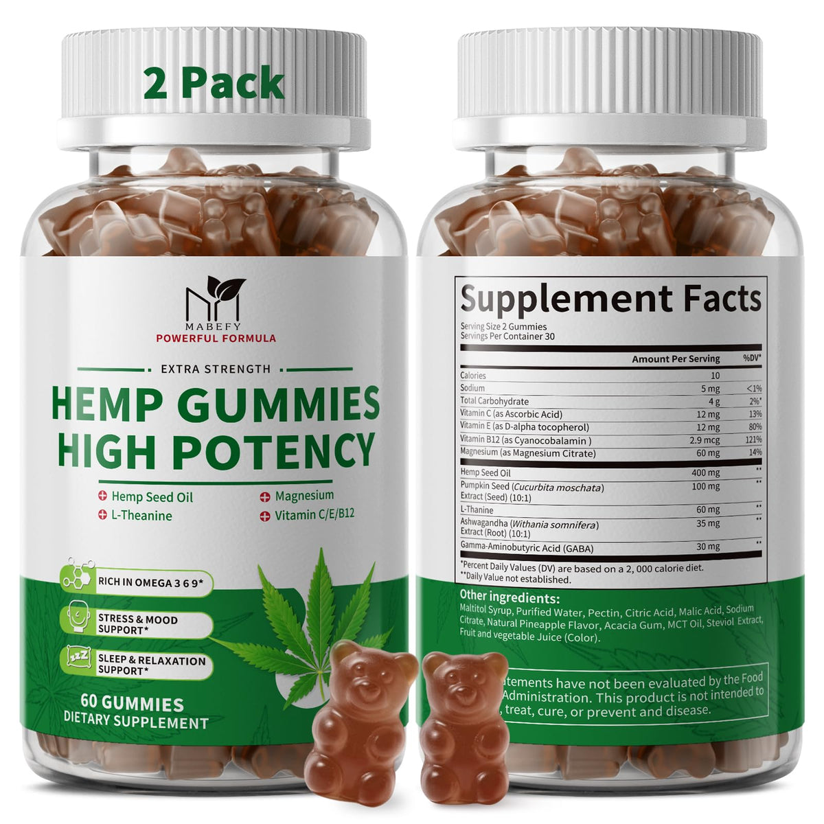 2 Pack Hemp Gummies with Magnesium, Vitamins, Pumpkin Seed, Ashwagandha, GABA, L-Theanine, Pineapple Flavor, 120 Bears, Vegan Y372