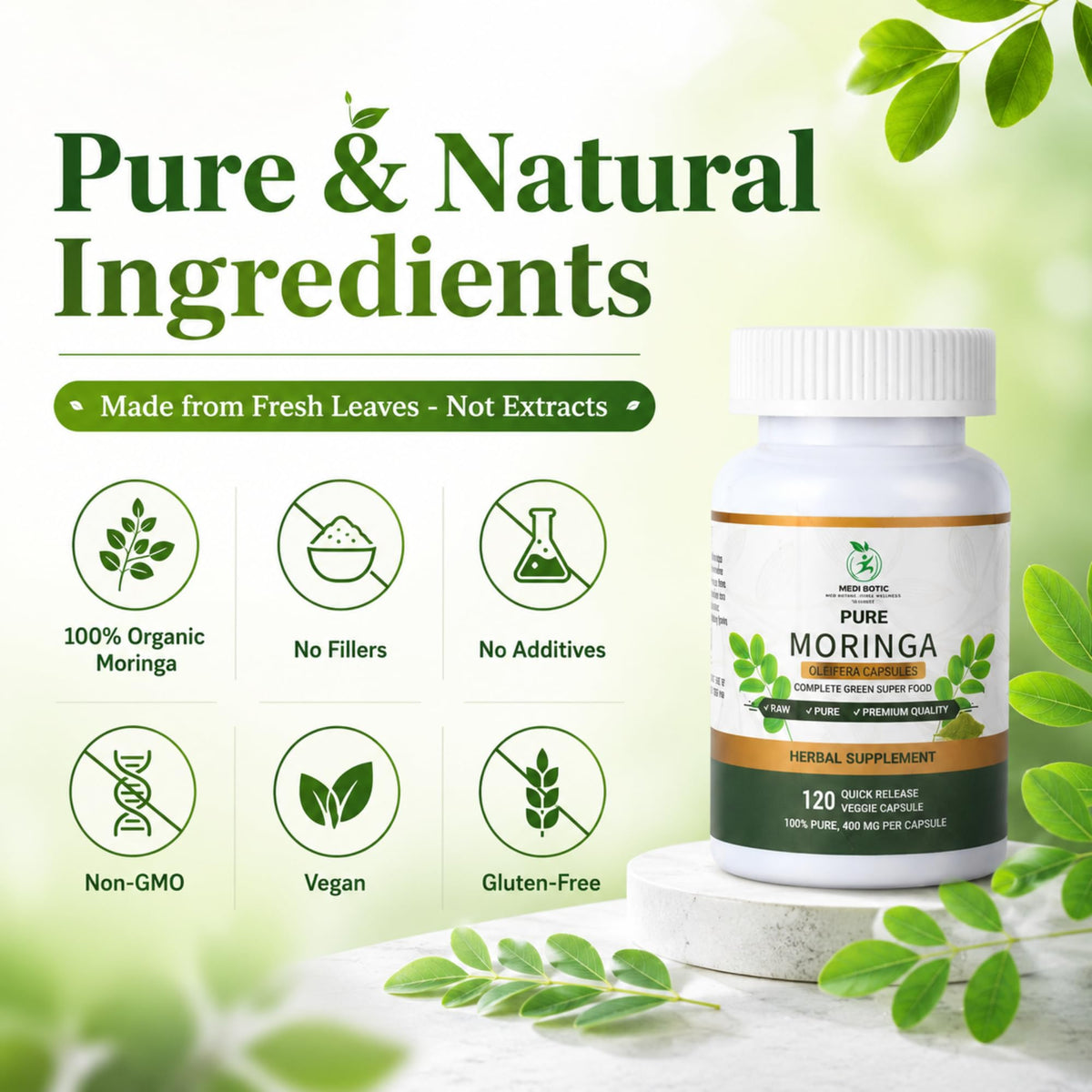 Organic Moringa Capsules 800mg 120 Count M420