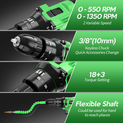 20V Cordless Drill Set with Battery Charger and Carrying Case, Green H442952