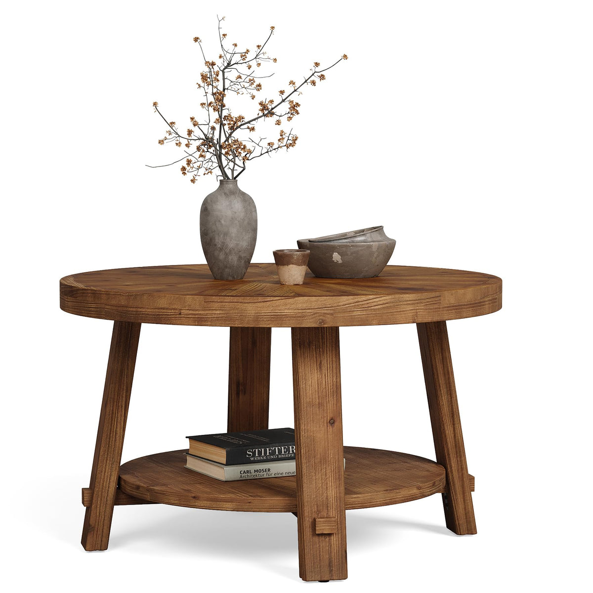 Solid Wood 2-Tier Round Coffee Table with Storage D24261
