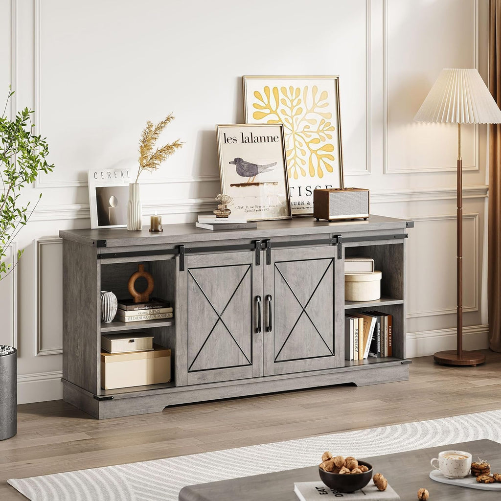 Farmhouse TV Stand with Sliding Barn Doors and Adjustable Shelf H1055