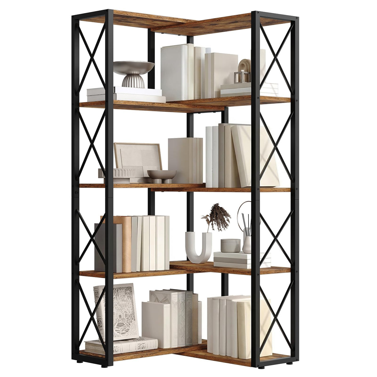 5-Tier Rustic Brown and Black Corner Bookshelf E773597