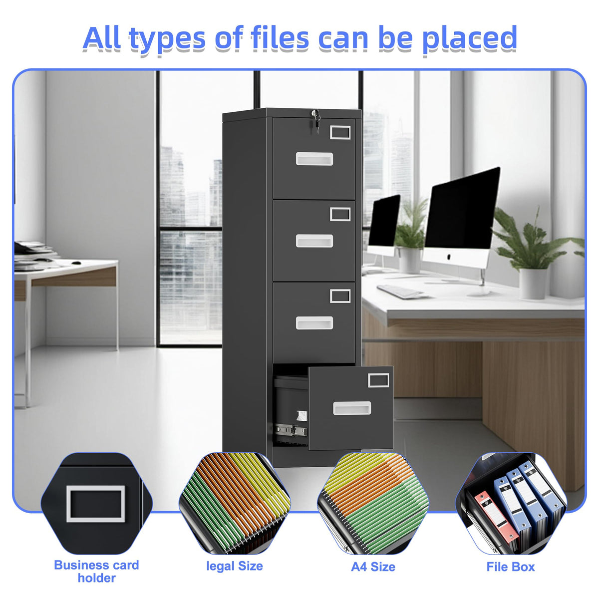Black 4-Drawer Metal File Cabinet with Lock Y6593