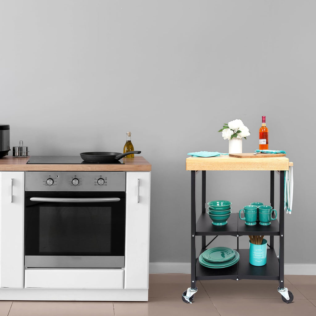 Black 3-Tier Folding Kitchen Cart with Wheels M25406