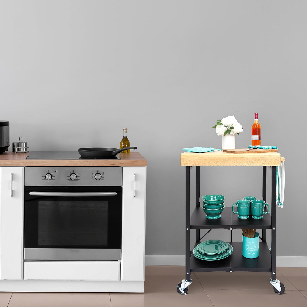 Black 3-Tier Folding Kitchen Cart with Wheels M25406