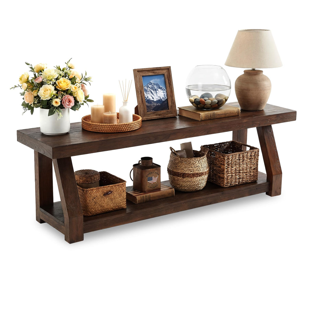 Solid Wood TV Stand, 2-Tier Media Console with Open Storage, Walnut Brown N30842