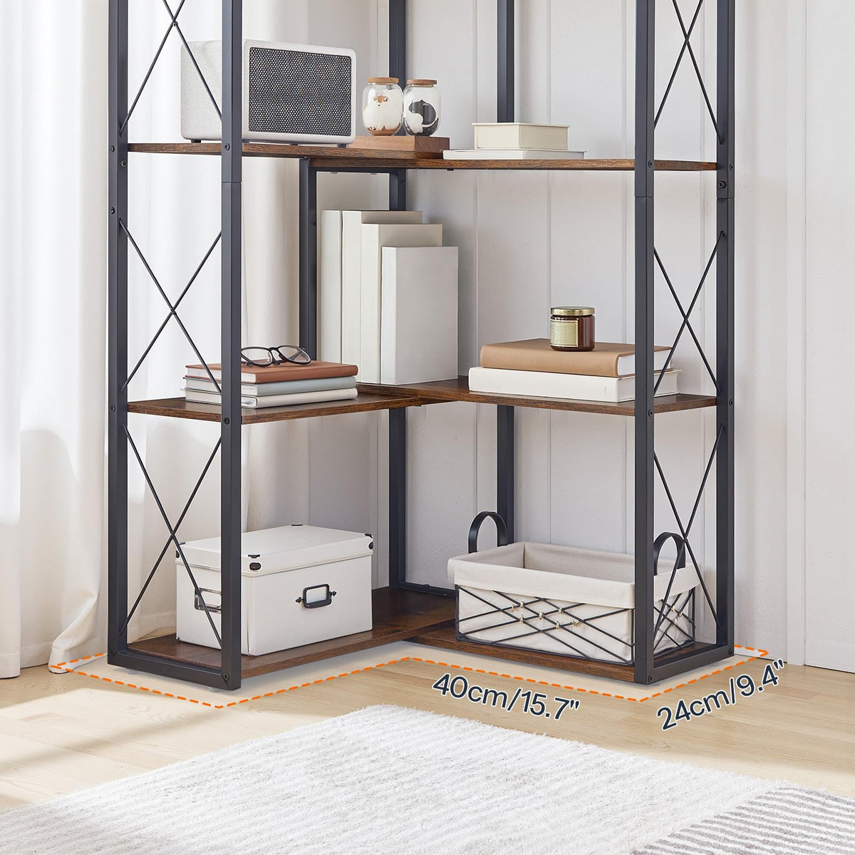 5-Tier Rustic Brown and Black Corner Bookshelf E773597
