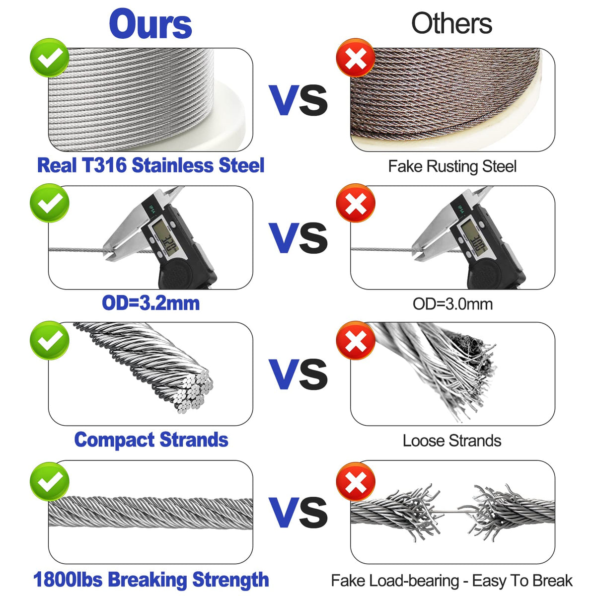 1/8" Stainless Steel Wire Rope Cable 7x7 Strands O6707