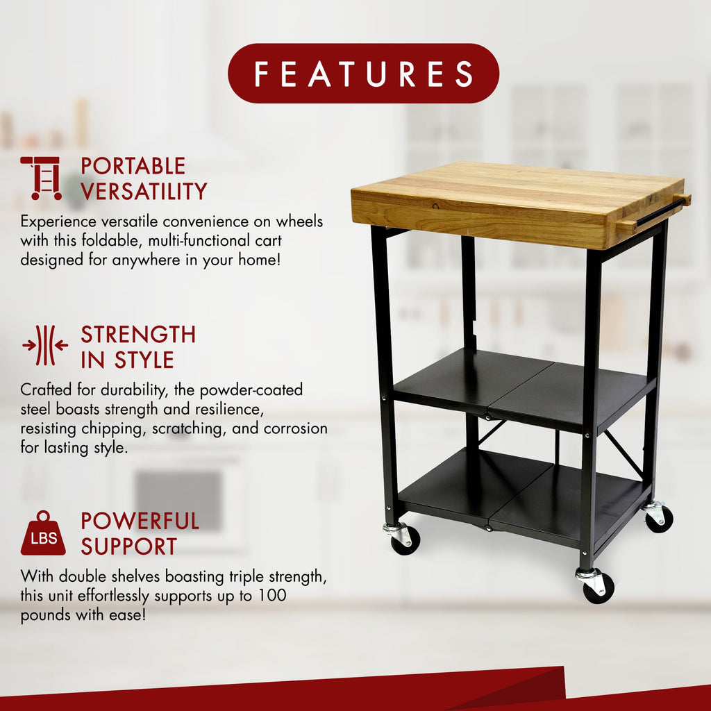 Black 3-Tier Folding Kitchen Cart with Wheels M25406