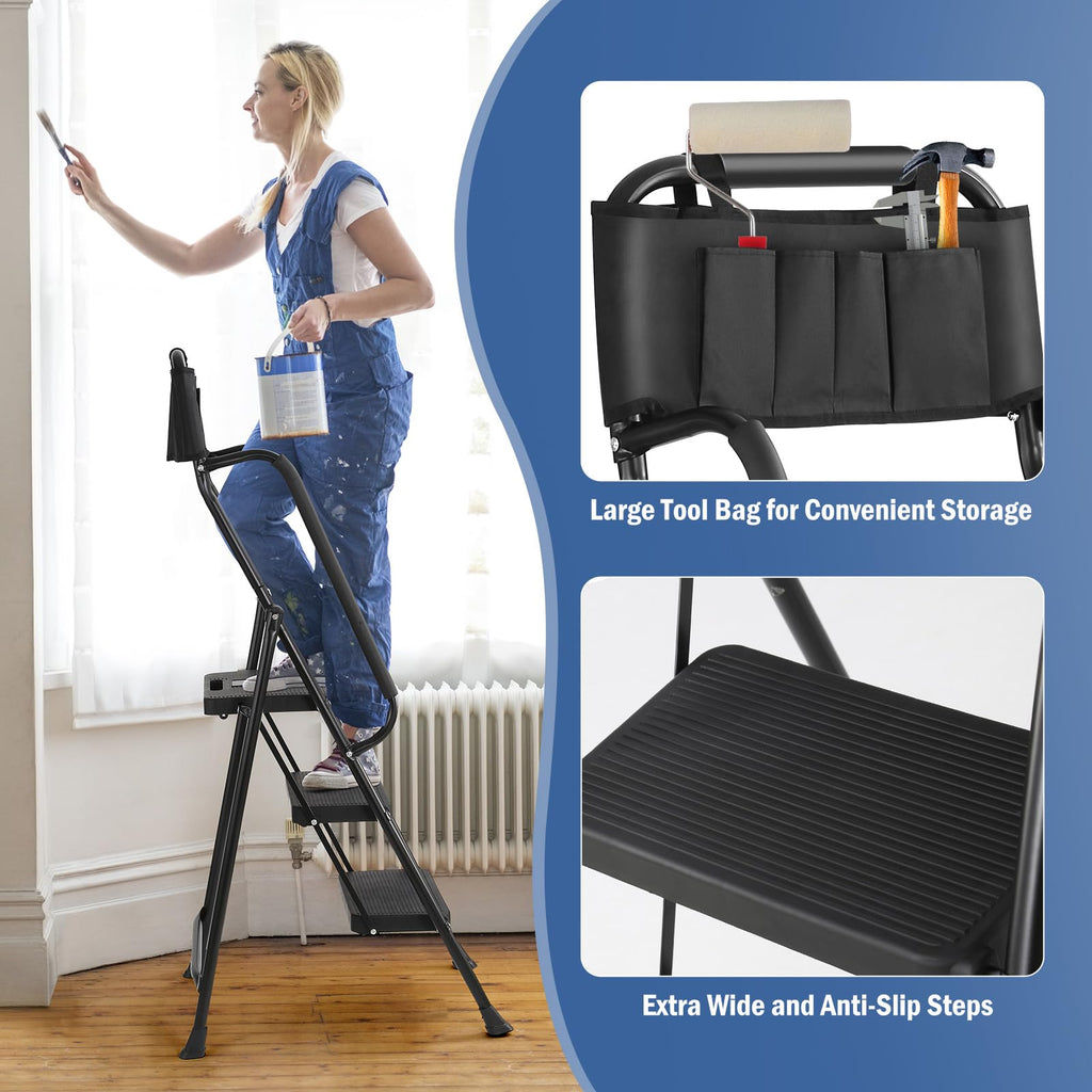 3-Step Ladder with Anti-Slip Platform, 330 lbs Capacity, Steel Frame J90052