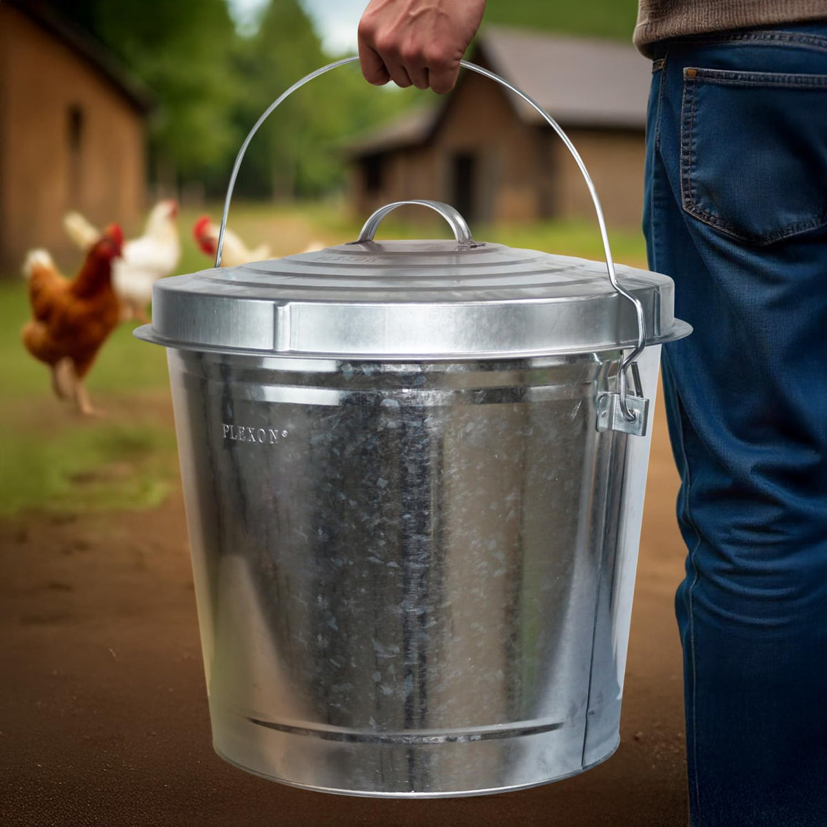 6.6 Lb Stainless Steel Hanging Poultry Feeder with 10 Gallon Storage Bucket L242