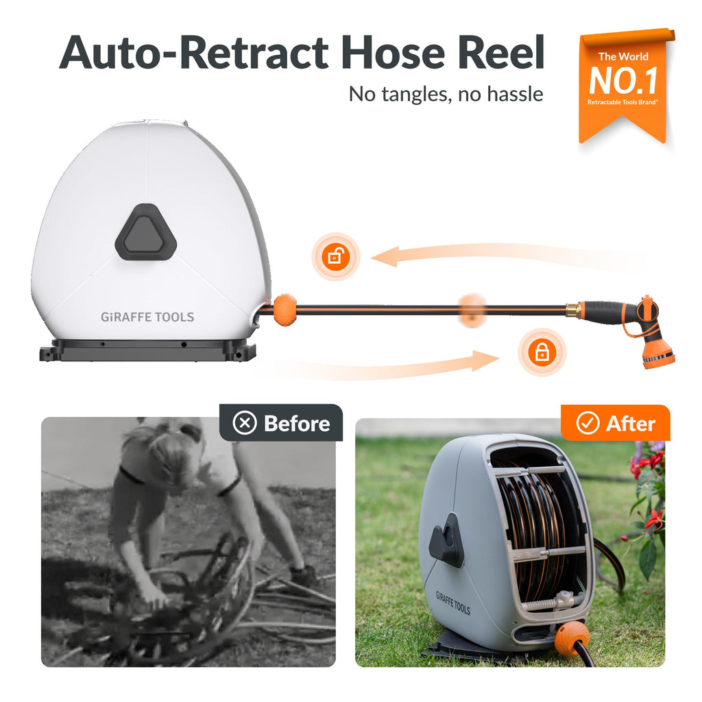 Retractable Heavy Duty Hose Reel, 1/2" x 100FT Automatic Rewind Garden Hose Reel with 360° Swivel Base and Hose Splitter with Shut-Off Valves Z92308
