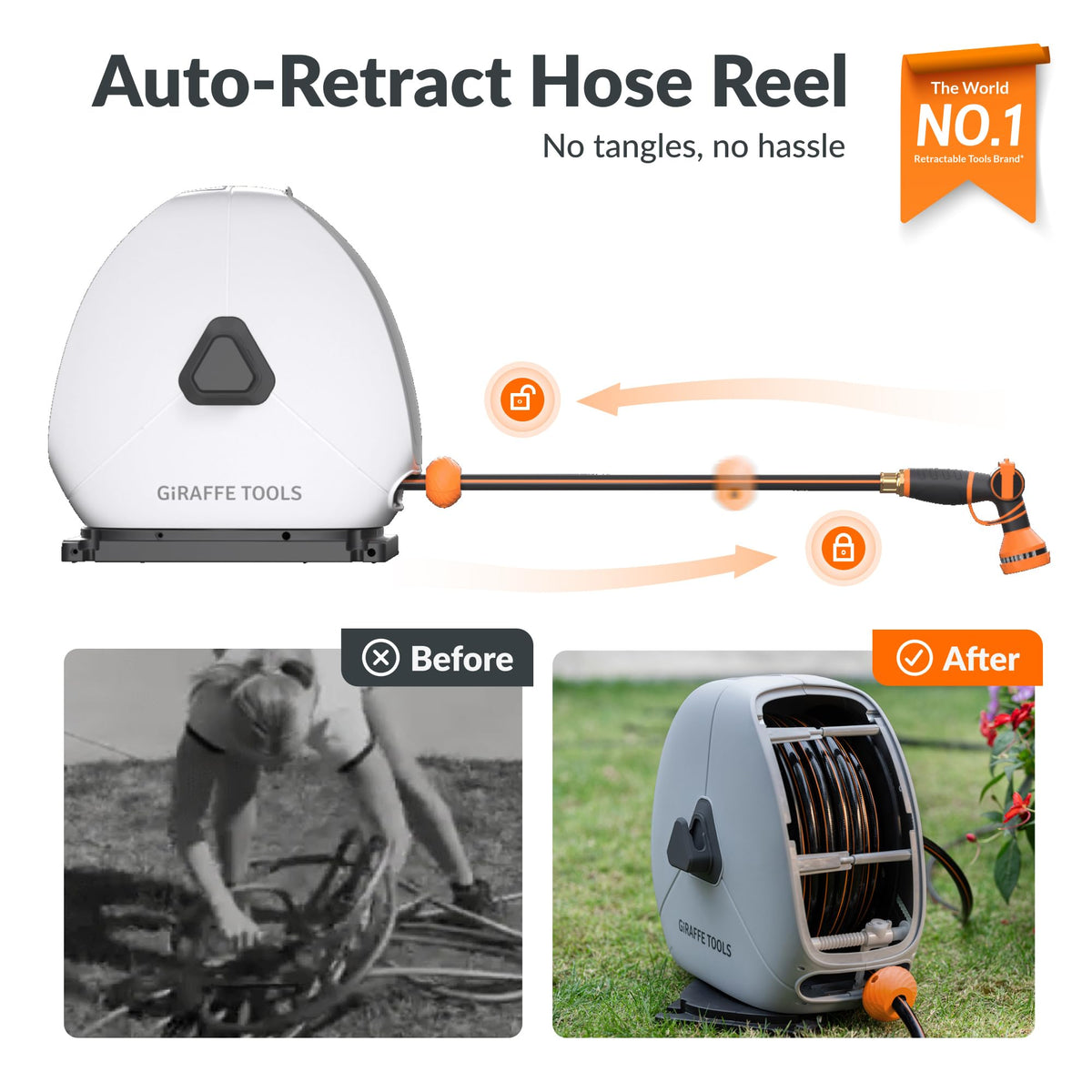 Retractable Heavy Duty Hose Reel, 1/2" x 100FT Automatic Rewind Garden Hose Reel with 360° Swivel Base and Hose Splitter with Shut-Off Valves Z92308