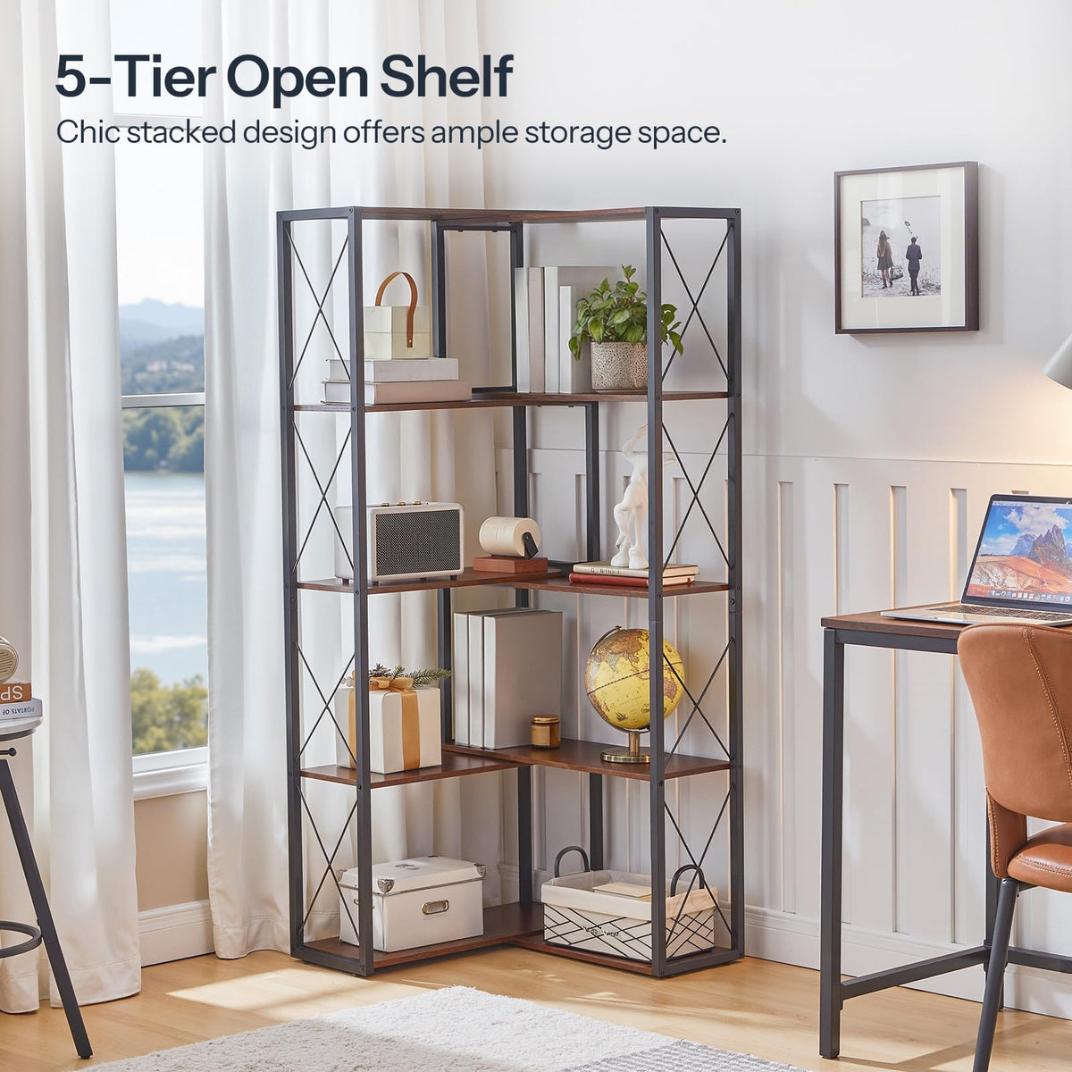 5-Tier Rustic Brown and Black Corner Bookshelf E773597
