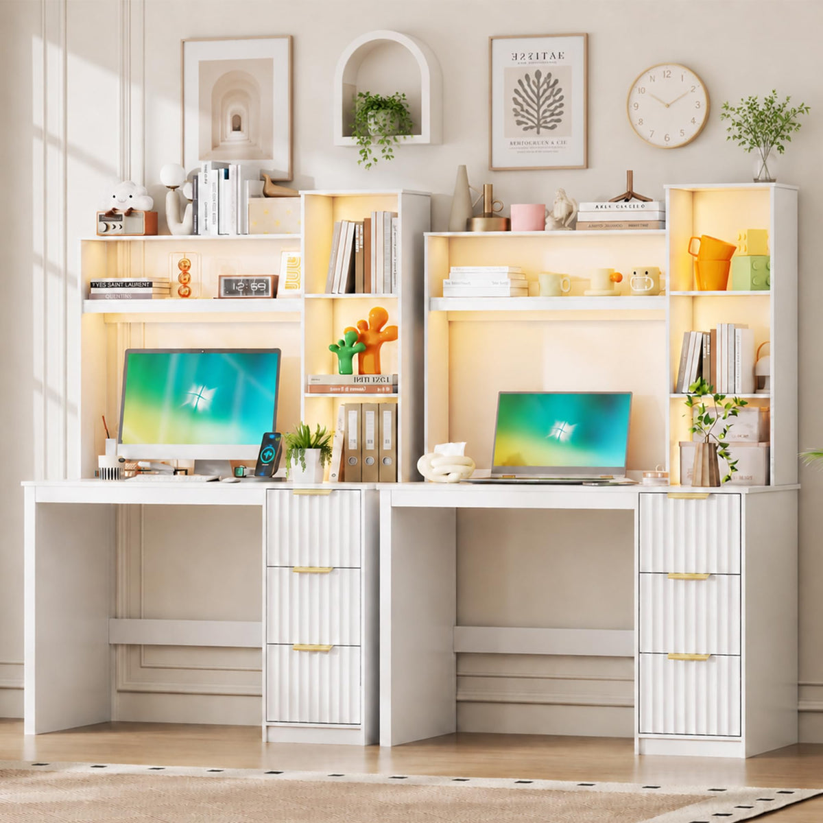 40” White Home Office Desk with Hutch and Drawers W23340