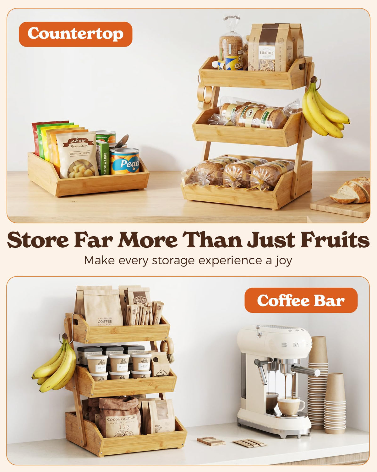 3-Tier Bamboo Fruit Basket with 2 Banana Holders X1176