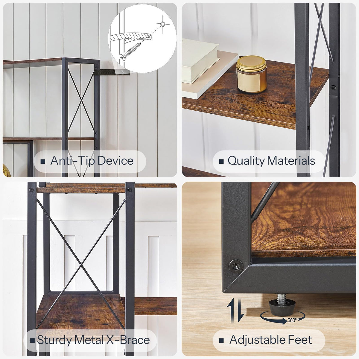 5-Tier Rustic Brown and Black Corner Bookshelf E773597