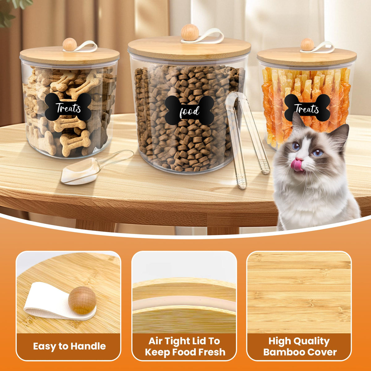 3 Pack Airtight Dog Food Storage Container with Bamboo Lids A88217