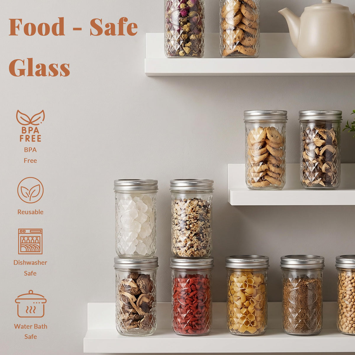 12 Pack 12oz Regular Mouth Glass Jars With Lids B181