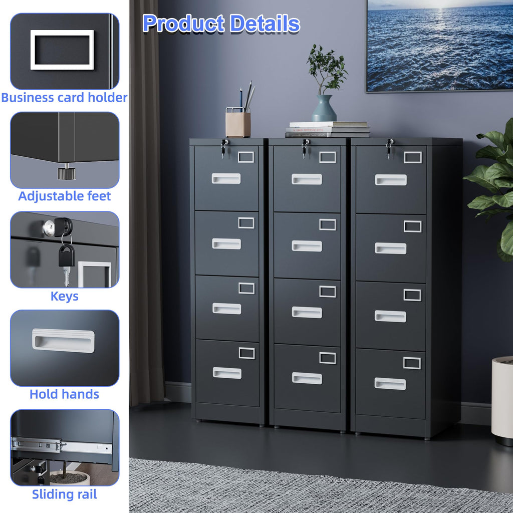 Black 4-Drawer Metal File Cabinet with Lock Y6593