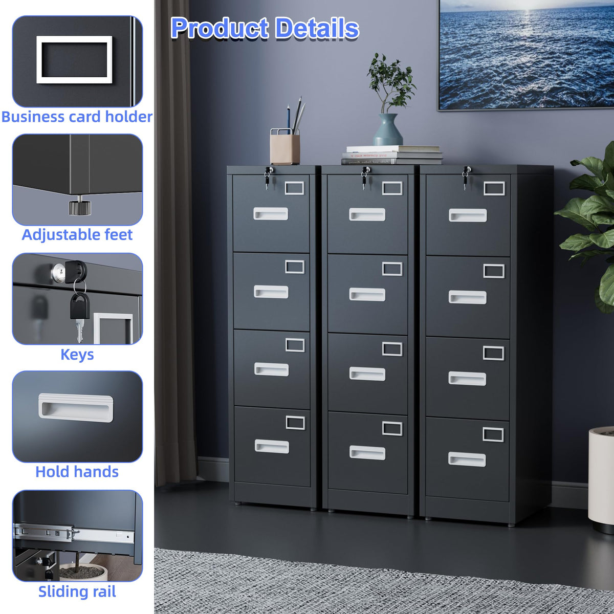Black 4-Drawer Metal File Cabinet with Lock Y6593