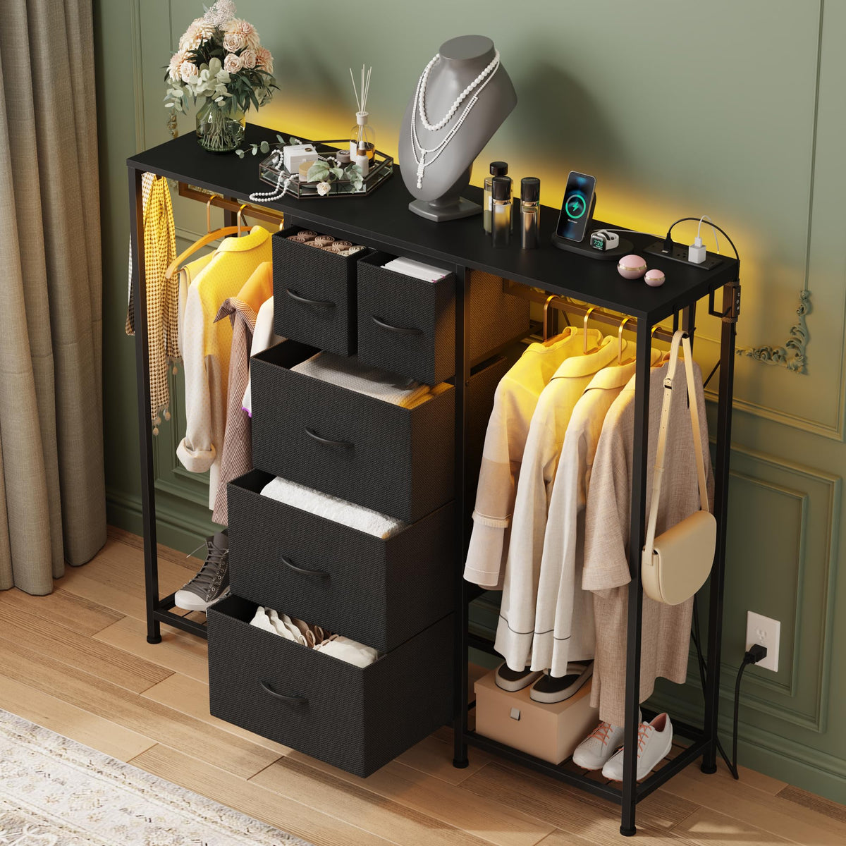 Black 5-Drawer Dresser with 2 Hanging Racks P167764