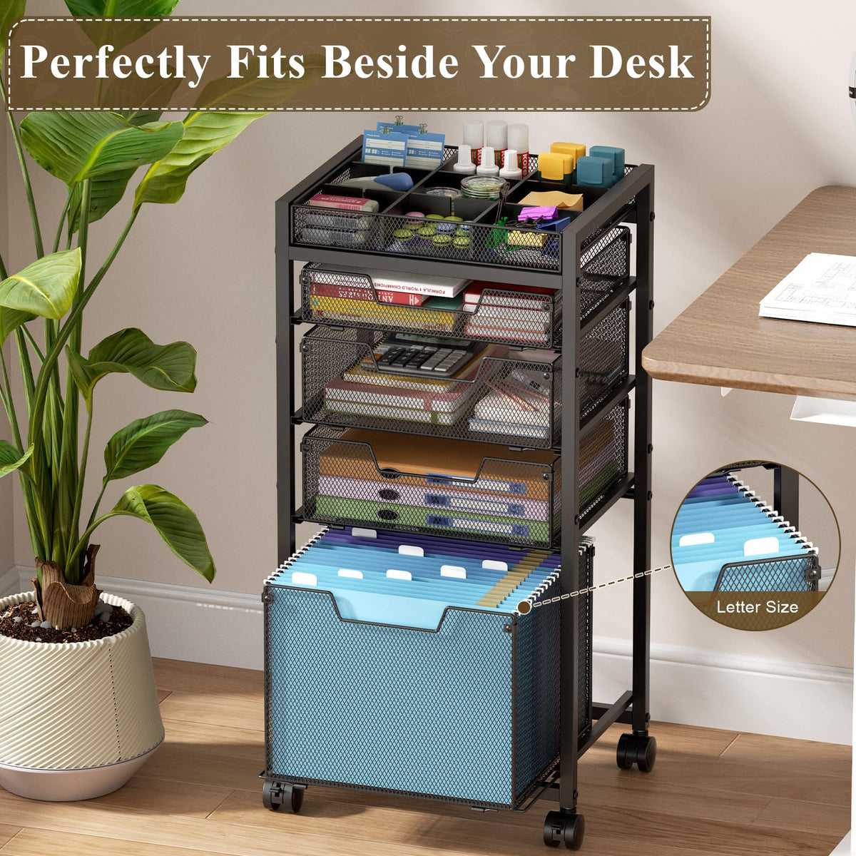 Rolling File Cart with 4 Storage Drawers, Black Metal G732202