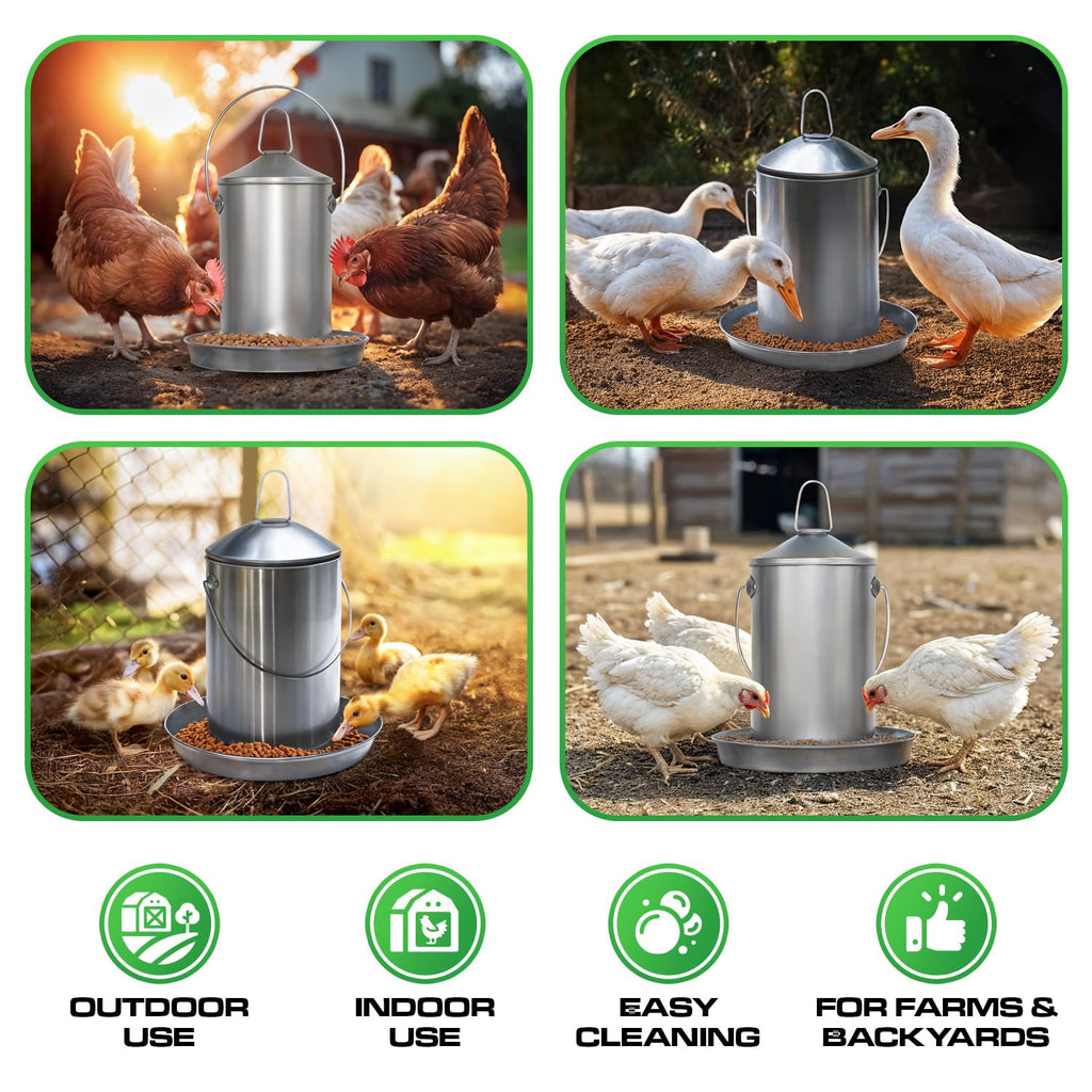 6.6 Lb Stainless Steel Hanging Poultry Feeder with 10 Gallon Storage Bucket L242
