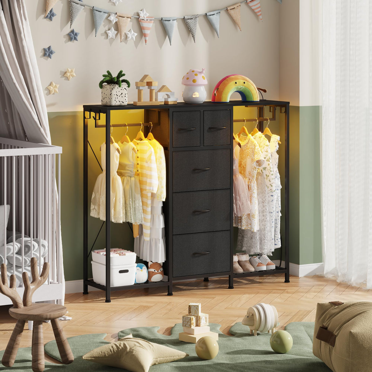 Black 5-Drawer Dresser with 2 Hanging Racks P167764