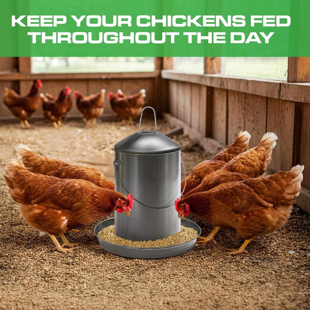 6.6 Lb Stainless Steel Hanging Poultry Feeder with 10 Gallon Storage Bucket L242