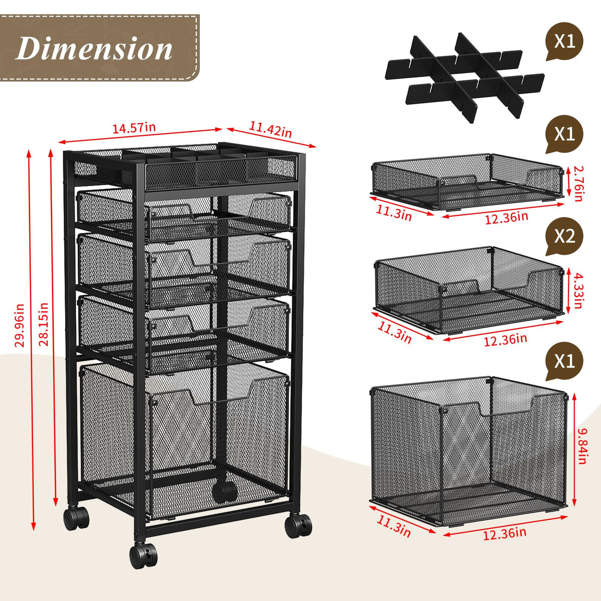 Rolling File Cart with 4 Storage Drawers, Black Metal G732202