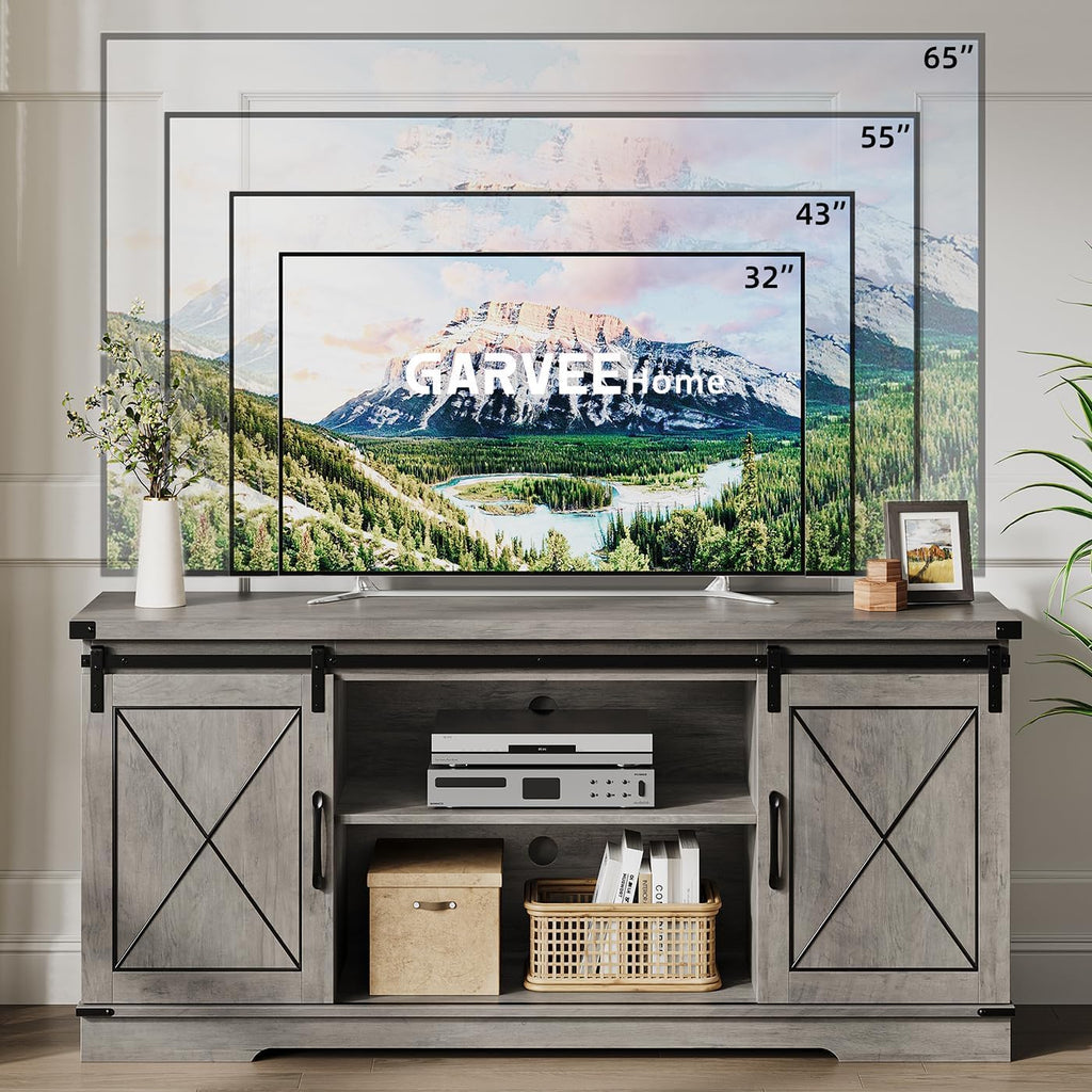 Farmhouse TV Stand with Sliding Barn Doors and Adjustable Shelf H1055