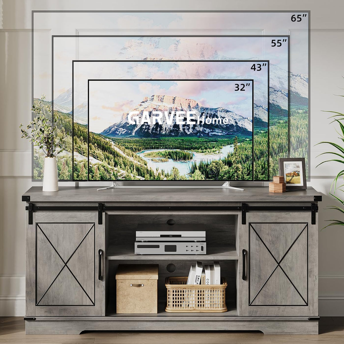 Farmhouse TV Stand with Sliding Barn Doors and Adjustable Shelf H1055