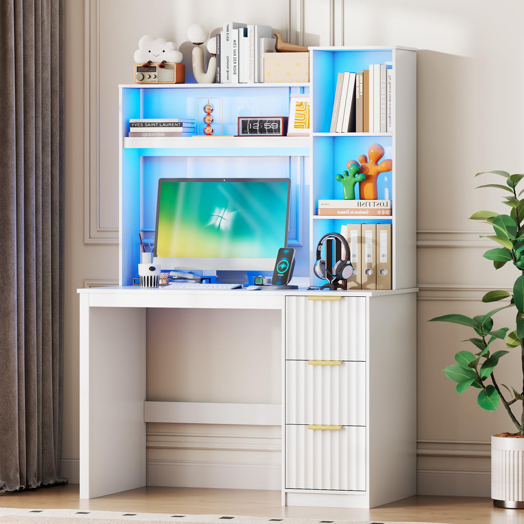 40” White Home Office Desk with Hutch and Drawers W23340