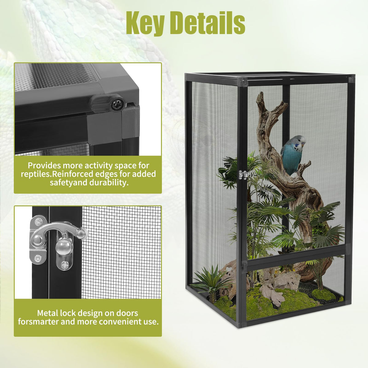 17.72" L×17.72" W×31.50" H Reptile Enclosure with Escape-Proof Lock M6333