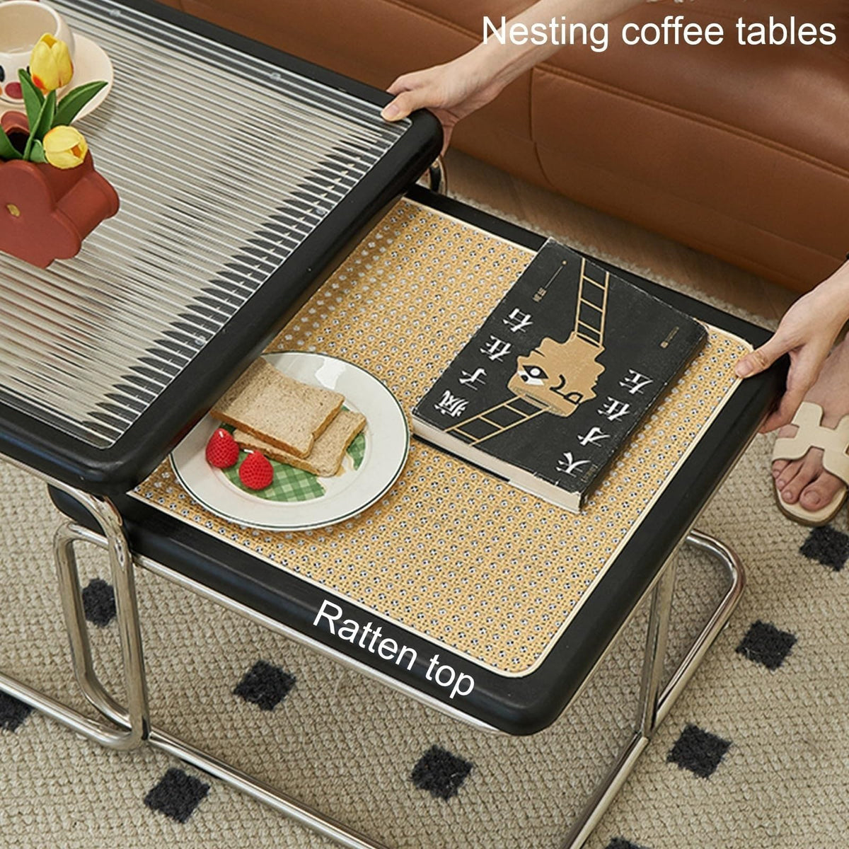 Mid Century Modern Coffee Table Set of 2 Square Metal Base F578