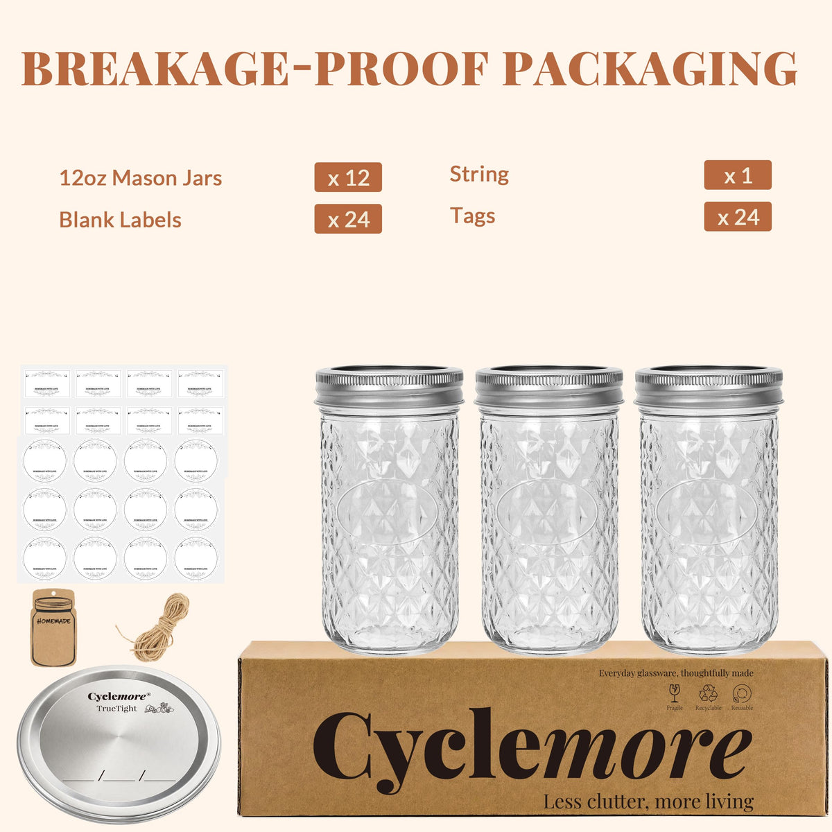 12 Pack 12oz Regular Mouth Glass Jars With Lids B181