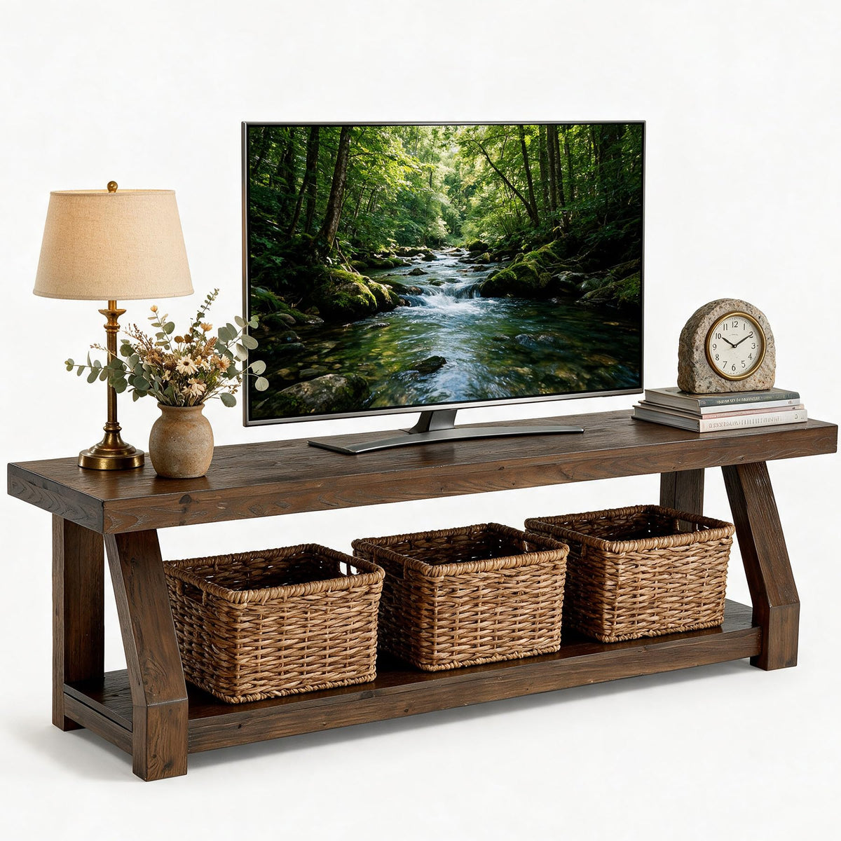 Solid Wood TV Stand, 2-Tier Media Console with Open Storage, Walnut Brown N30842