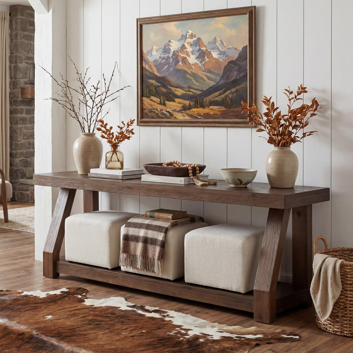 Solid Wood TV Stand, 2-Tier Media Console with Open Storage, Walnut Brown N30842