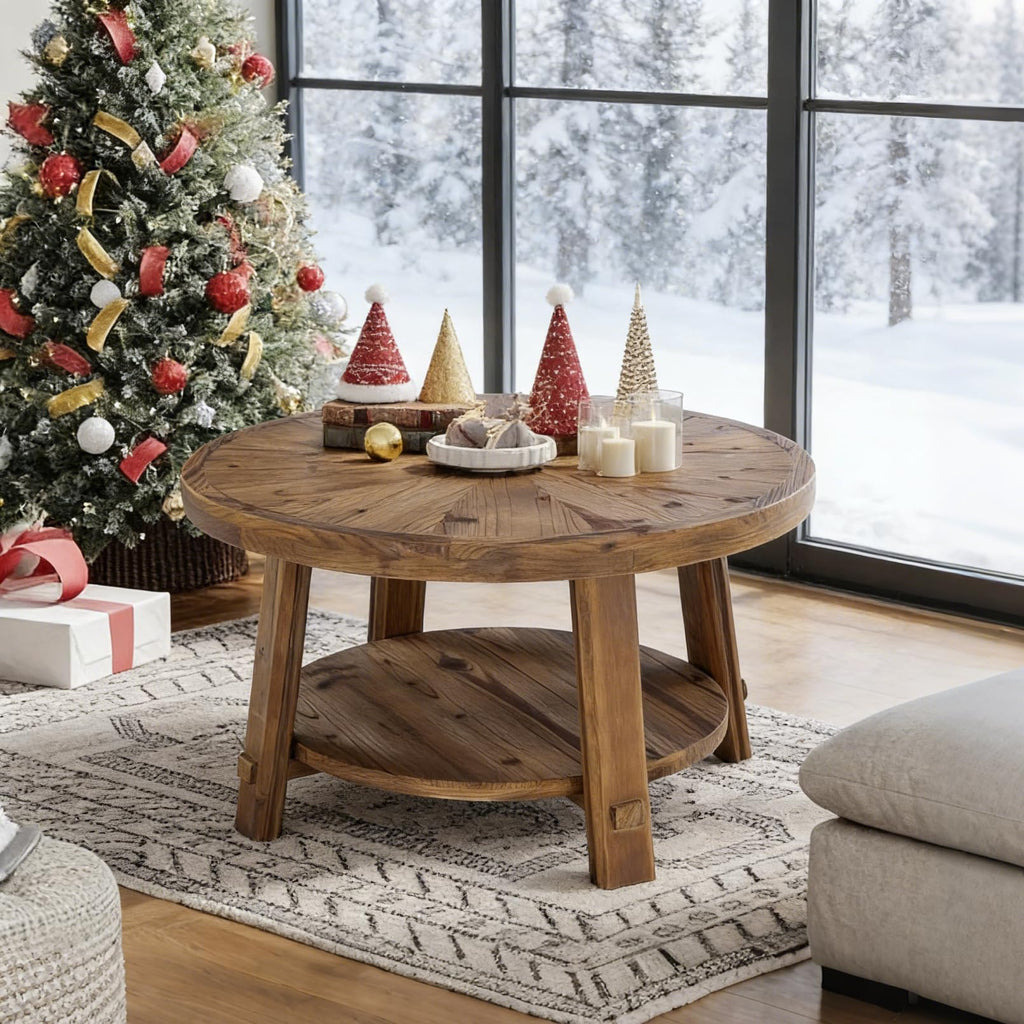 Solid Wood 2-Tier Round Coffee Table with Storage D24261