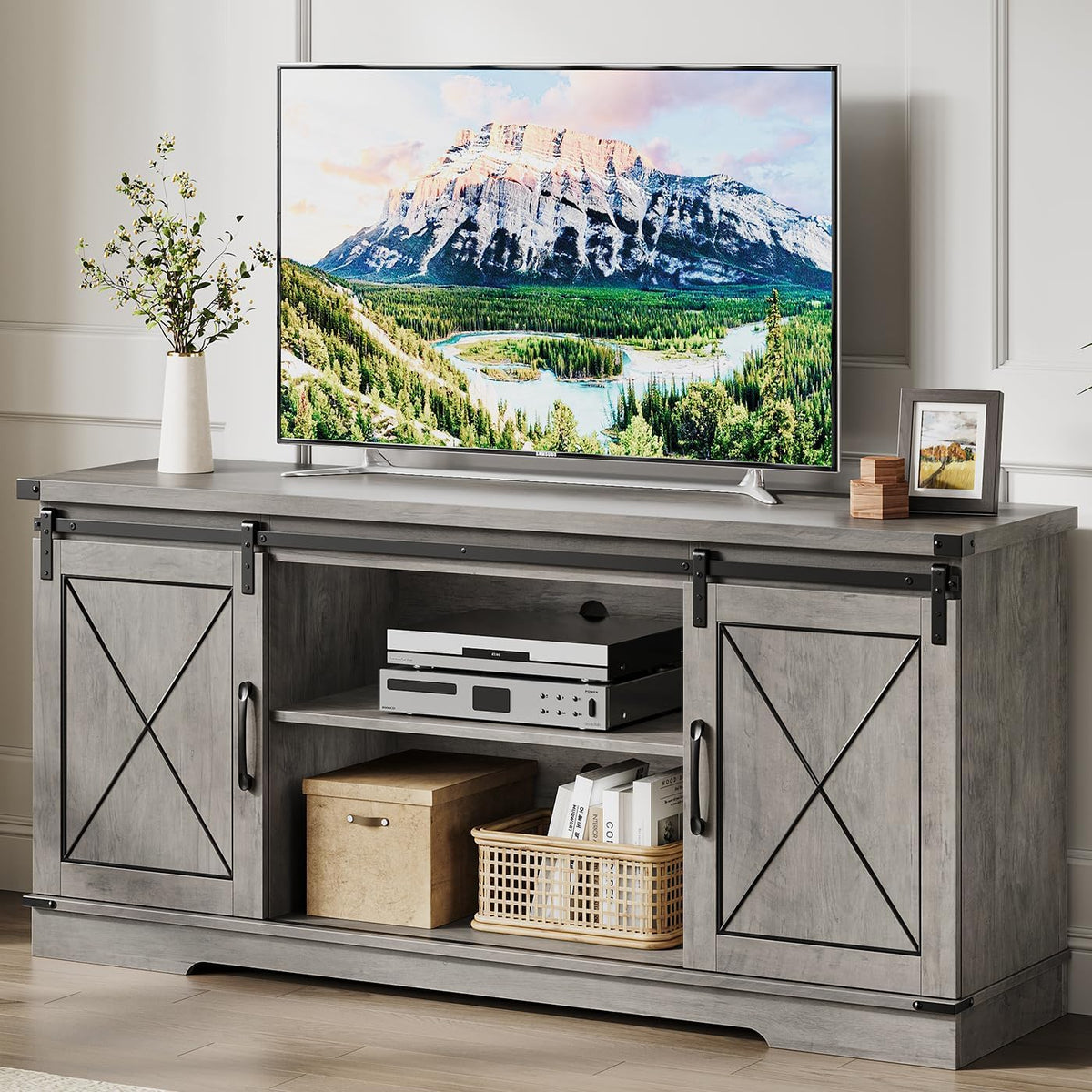 Farmhouse TV Stand with Sliding Barn Doors and Adjustable Shelf H1055