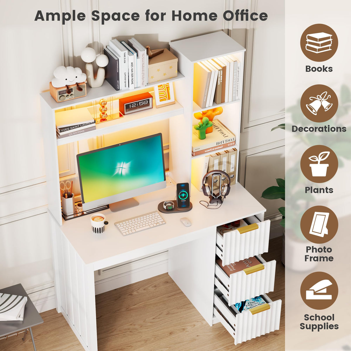 40” White Home Office Desk with Hutch and Drawers W23340