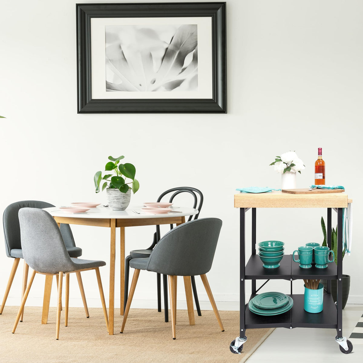 Black 3-Tier Folding Kitchen Cart with Wheels M25406