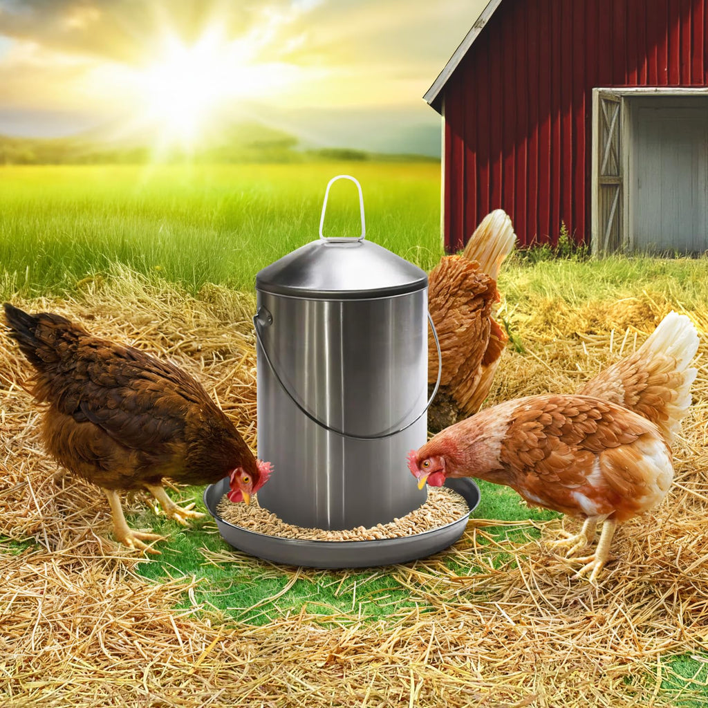 6.6 Lb Stainless Steel Hanging Poultry Feeder with 10 Gallon Storage Bucket L242