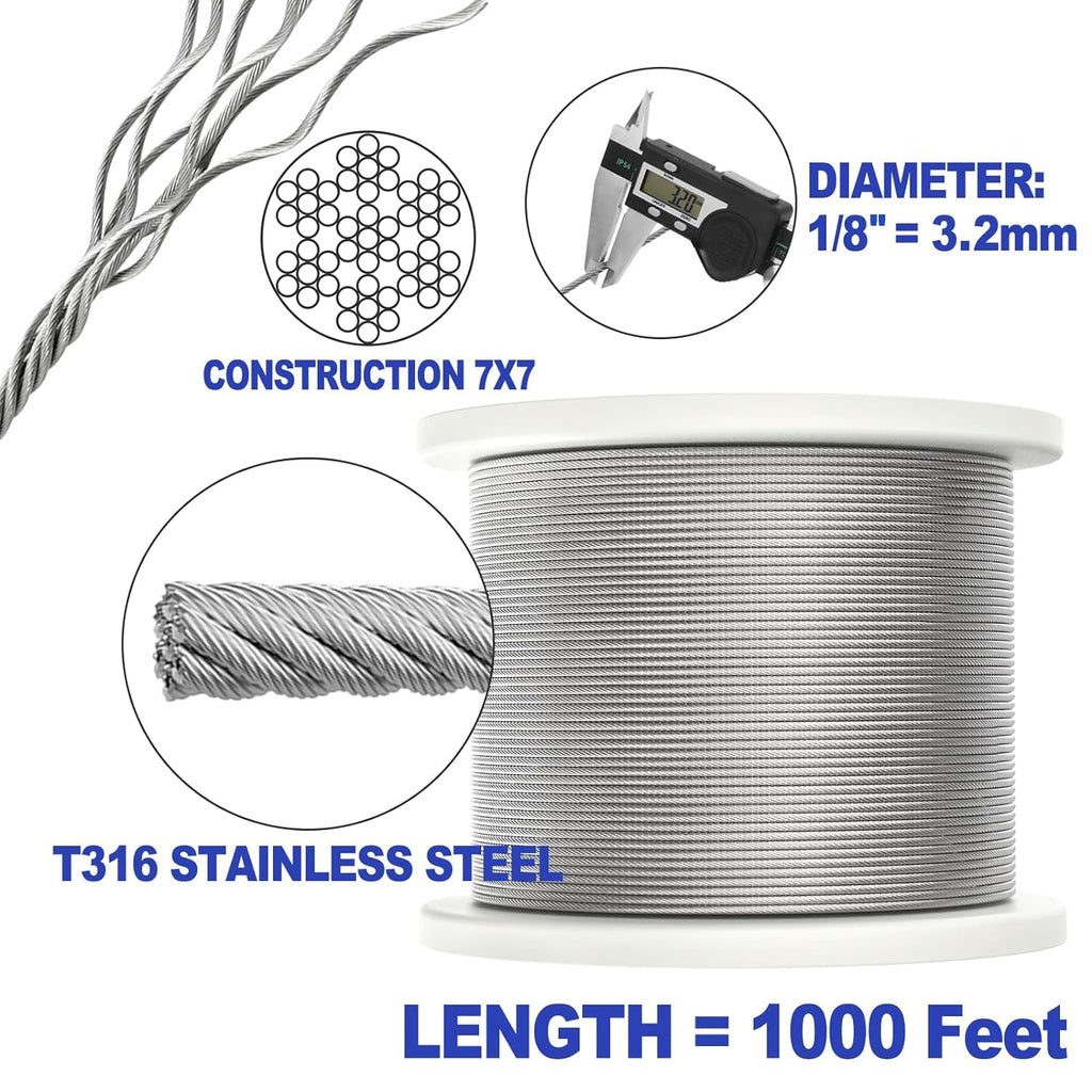 1/8" Stainless Steel Wire Rope Cable 7x7 Strands O6707