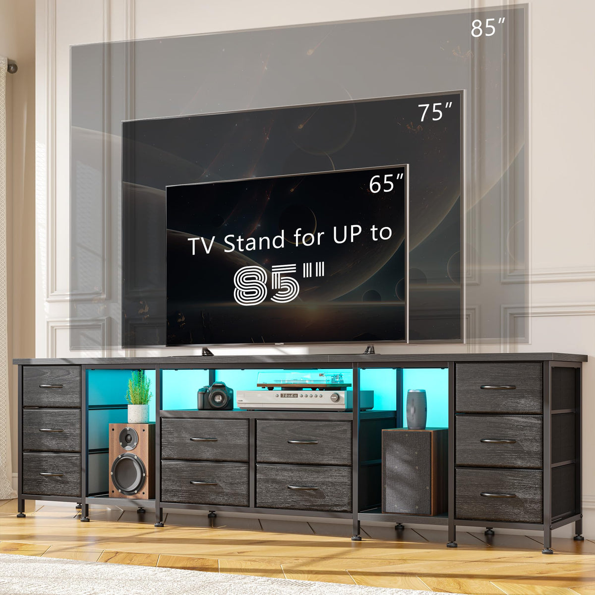 75.5" Long TV Stand with LED, Power Outlets & 10 Drawers M1153
