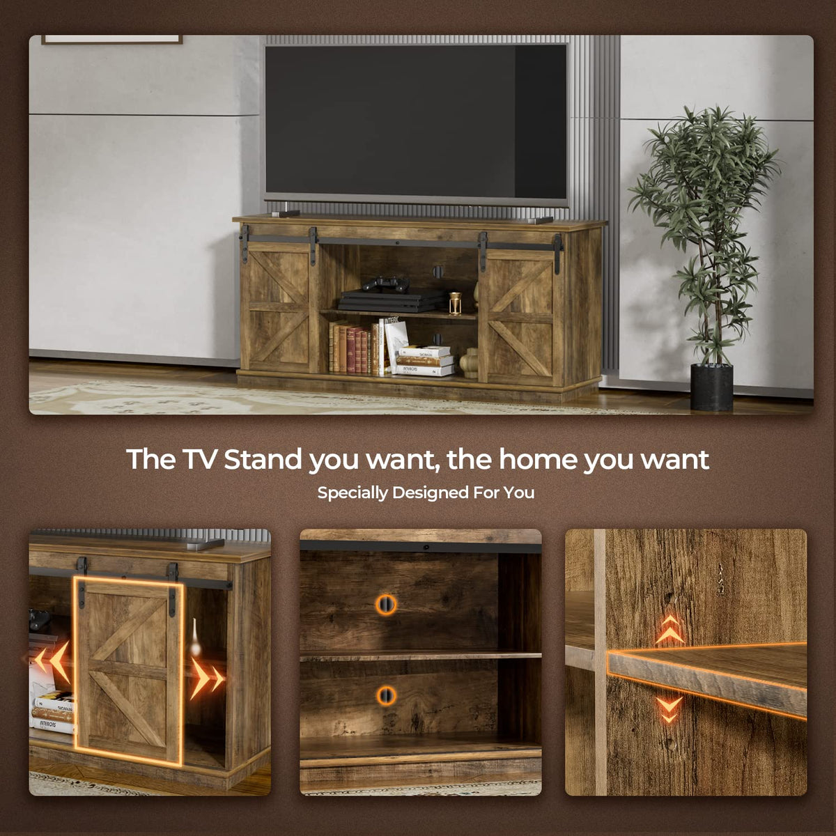 Farmhouse TV Stand for 65 Inch TV with Sliding Barn Doors and Storage Cabinets U438