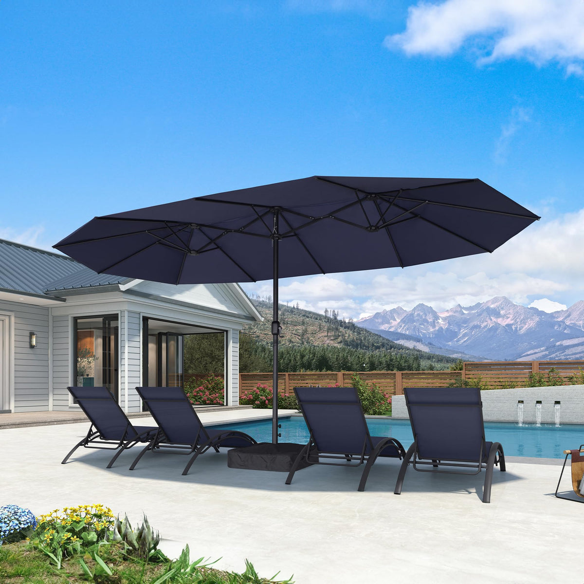 15ft Double-Sided Navy Blue Patio Umbrella with Base R59658