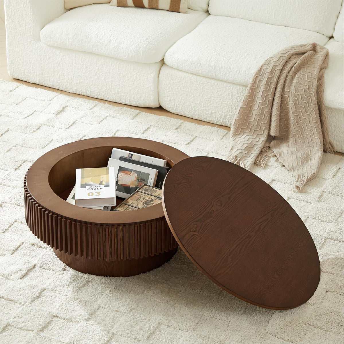 Walnut Round Fluted Coffee Table with Storage I5082