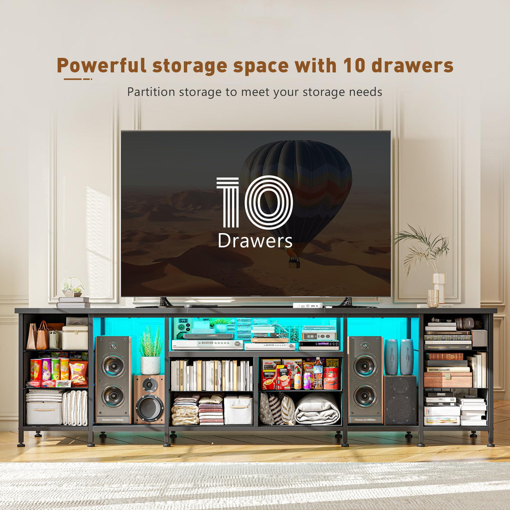 75.5" Long TV Stand with LED, Power Outlets & 10 Drawers M1153